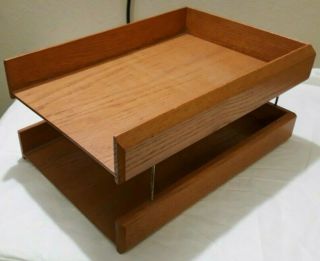 Vintage Oak Wood Desk Tray File Paper Letter Organizer Holder (heavy)
