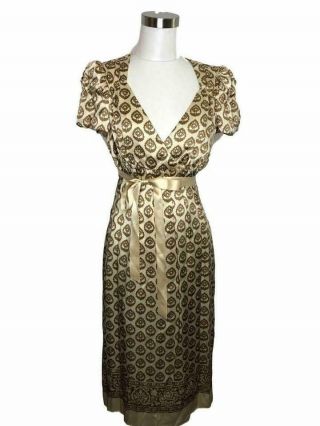 N66 Betsey Johnson Vintage Designer Dress Size 8 Medium Silk Beige Brown A - Line