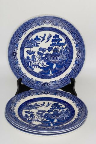 Set Of 4 Vintage Churchill (england) Blue Willow Pattern 10 - 1/4 In Dinner Plates