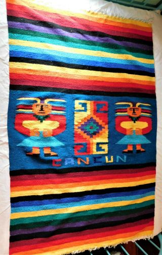 Vintage Woven Cancun Mexican Rug Mat Tapestry Wall Hanging Chimayo Bright Colors