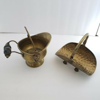 Antique Salesman Sample Brass Coal Scuttle Bucket & Log Basket Tools Wood Handle