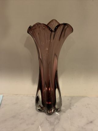 Vintage Art Glass Amethyst Vase With Ruffle Top 9” Tall