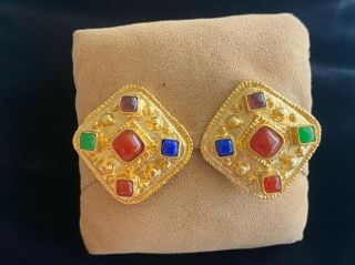 Vintage Multicolor Square Cabochon Mogul Style Gold Tone Clip Earrings