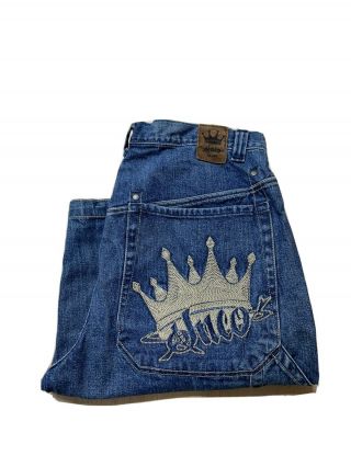 Vtg 90s Jnco Blue Denim Jean Shorts Men 34 Embroidered Crown Carpenter