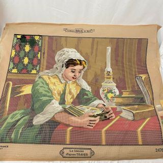 Margot Creations De Paris Woman Reading Needlepoint Started Vintage France 20x26