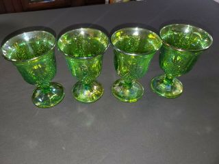 Set Of 4 Vintage Indiana Glass Green Iridescent Carnival Glass Goblets Grapes