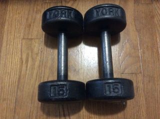 Vintage York Cast Iron Round Dumbells - Qty.  2 - 15 Pounds