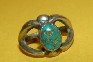 Vtg Old Pawn Native Navajo " Sandcast " Sterling Silver W/ Turquoise Ring Size 7.  5