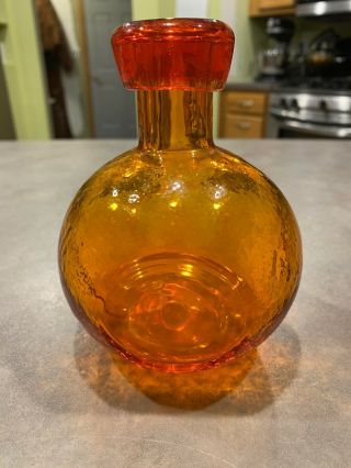 Vtg Blenko Mcm Tangerine Patterned Dimpled Decanter Red Orange Amber Bottle Vase