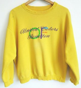 Vtg 90s United Colors Of Benetton Yellow Spellout Distressed Crewneck Sweatshirt