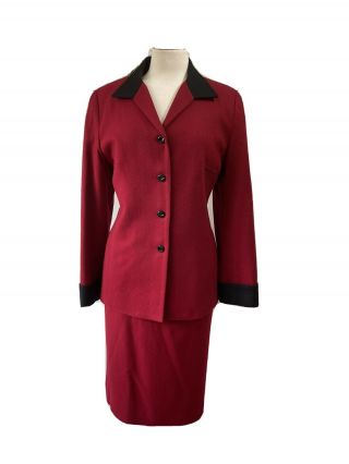 Oleg Cassini Women 2pc Vintage Wool Red Black Skirt Suit Size 12