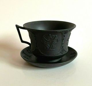 Vintage Neo - Classical Wedgwood Black Basalt Jasperware Cup & Saucer Marked