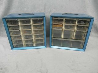 2 Vintage Akro Mils Drawer Blue Metal Cabinet Storage Wall Organizer 10 X 10