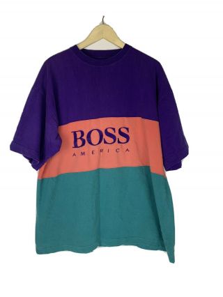 Vtg 90s Boss America Colorblock Shirt Sz Xl/2xl Hiphop Embroidered