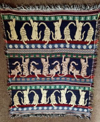 Vintage Crown Crafts Cat Throw Fringe Blanket Reversible Cotton Usa 40x52