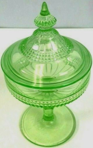 Vintage Uranium Green Glass Lidded Candy Dish Pedestal 7 " Tall