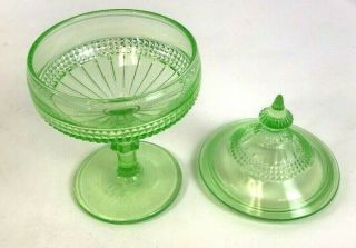 Vintage Uranium Green Glass Lidded Candy Dish Pedestal 7 