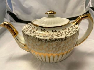 Gibsons Staffordshire England Teapot Vintage Gold Cream Flowers Vines 10 " X 6 "