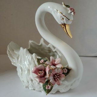 Vintage Capodimonte Double Swan Centerpiece W/ Flowers Italy Planter Marked