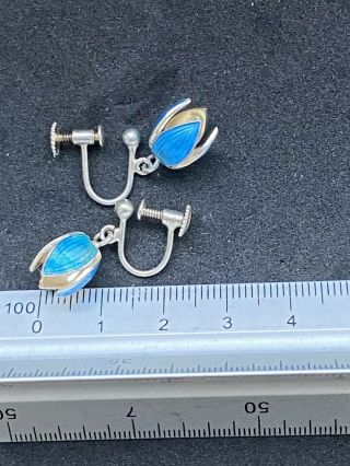 Vintage 835S Mark Blue Enamel (As Seen) flower Bulb Screw Type Silver Earring 2