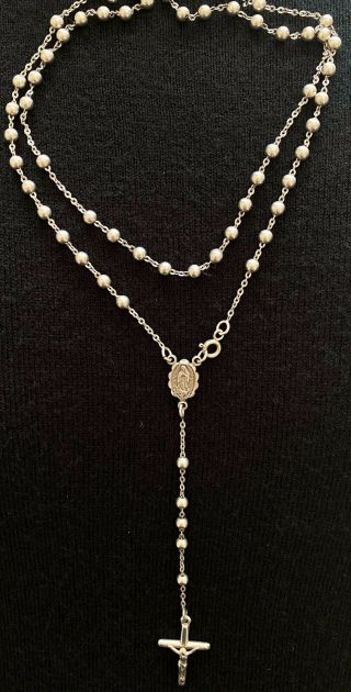 Vintage Sterling Silver Beaded Necklace Virgin Mary & Crucifix 16 " Long Hallmark