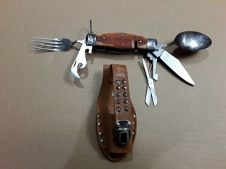 Bone Handled Utensil / Camping Folding Jacknife With Case.  Vintage.  Made In Japan