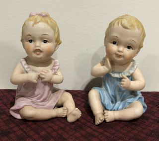 Vintage German Bisque Porcelain Piano Baby Set Boy & Girl 4 - 1/2” Vintage