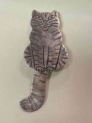 Vintage Kristi Davis Sterling Silver 925 Cat Brooch Pin With Movable Tail ￼￼￼