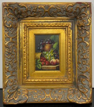 Vintage Signed Still Life Fruit On Table Oil Painting On Wood W/gold Gilt Frame