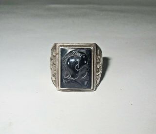 Signed Antique Mans Sterling Silver - Roman Soldier & Dragon Gemstone Ring 8