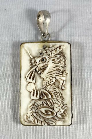 Vintage Asian Chinese Sterling Silver Carved Bovine Bone Dragon Pendant