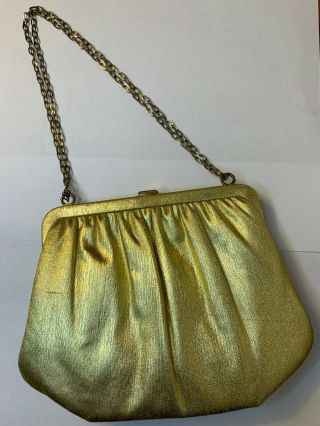Vintage Harry Lavine Usa Elegant Clasp Close Gold Handbag With Pink Interior