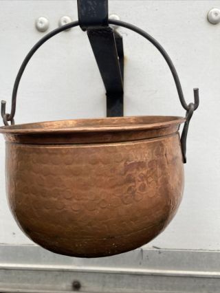 Vintage Round Copper Pot Cauldron Kettle With Wrought Iron Bale Handle