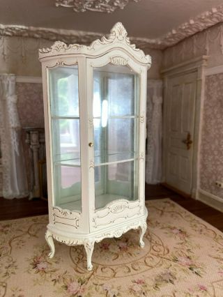 Vintage Miniature Dollhouse Artisan Wood Glass Cabinet Mirror White Shabby Chic