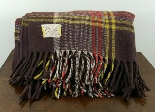 Vintage Faribo Wool Throw/stadium Blanket Brown Plaid Fluff Loomed Fringe 51×56