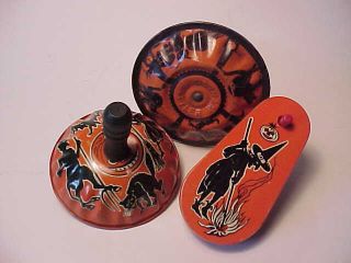 3 Vintage Tin Lithograph Halloween Noisemakers,  Gotham Kirchoff,  Devil Witch Cats