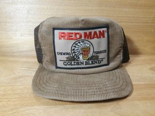 Vintage Red Man Chewing Tobacco Mesh Trucker Hat Corduroy Snapback Cap Patch Usa