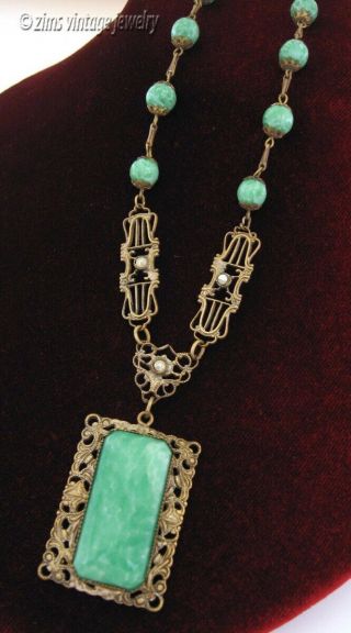Vintage Art Deco Czech Brass Filigree Jade Green Glass Marcasite Link Necklace