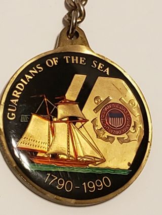Vintage Us Coast Guard Enamelled Brass Keychain " Guardians Of The Sea 1790 - 1990 "