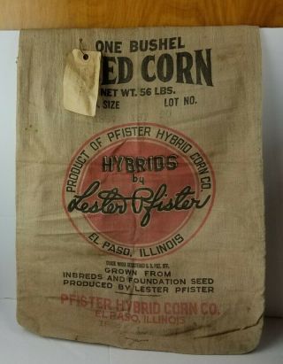 Vintage Seed Corn Lester Pfister Hybrid Co.  El Paso Illinois Burlap Feed Bag