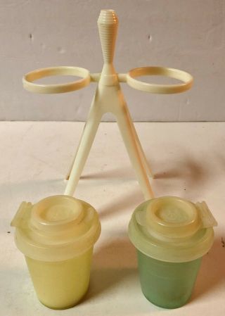 VINTAGE 5 PC TUPPERWARE ATOMIC SALT AND PEPPER SHAKERS SET WITH STAND 101 2
