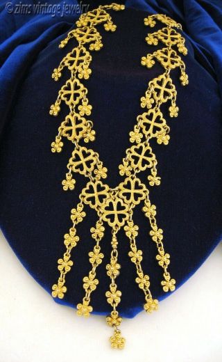 Vintage Old D’orlan Etruscan Modernist Long Gold Filigree Floral Fringe Necklace