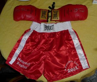 Vtg Everlast Red Satin Boxing Trunks Shorts & 14oz Gloves Usa 2001 Nat 