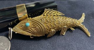 Silver Filigree Large Arowana Pendant With Turquoise Eyes,  Mouth Opens,  Vintage
