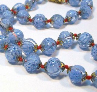Vintage Murano Millefiori Art Glass Floral Blue Flower Bead Italy Necklace