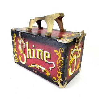 Shoe Shine Box Vintage Wood & Metal " 5 Cent Circus Theme Lettering Red Gold Bla