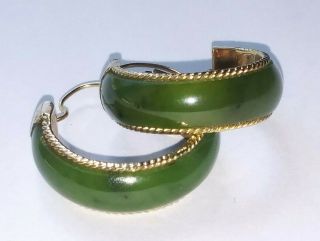 Vintage Signed " M " Mexican Jade Green & Silver W/gold Overlay Hoop Earrings