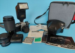 Vintage Olympus Om - 10 35mm Camera Package With 3 Lenses Flash 4 Filters And Case