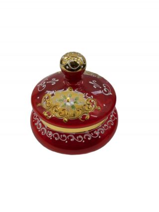 Vintage Red Glass Vanity Jar Bohemian Czech Painted Floral Gold Trimmed
