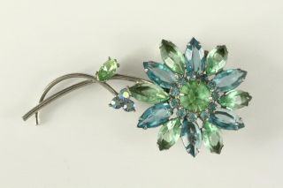 Vintage Costume Jewelry Silver Tone Green & Blue Rhinestone Daisy Flower Brooch